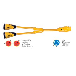 MARINCO Y504-2-30 EEL (2)-30A-125V FEMALE TO (1)50A-125/250V MALE "Y" ADAPTER, YELLOW