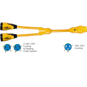 MARINCO Y504-2-504 EEL (2)50A-125/250V FEMALE TO (1)50A-125/250V MALE "Y" ADAPTER, YELLOW