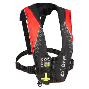 ONYX A/M-24 SERIES ALL CLEAR AUTOMATIC/MANUAL INFLATABLE LIFE JACKET, BLACK/RED, ADULT