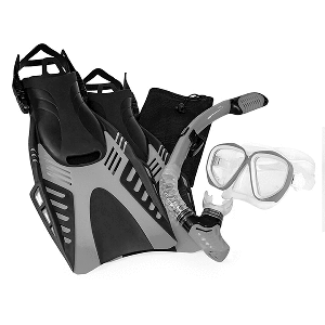 AQUA LEISURE DYNA ADULT 5-PIECE DIVE SET, ADULT SIZE L/XL MEN'S 8.5-11.5/LADIES 9.5-12.5