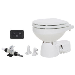JABSCO QUIET FLUSH E2 FRESH WATER TOILET COMPACT BOWL, 24V, SOFT CLOSE LID