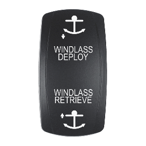 PACER ACTUATOR, 'WINDLASS DPLY/RTRV' F/V SERIES CONTURA SWITCHES, BLACK, LASER ETCHED (TOP/BOTTOM LIGHT)