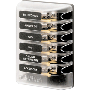 BLUE SEA 5018 ST GLASS FUSE BLOCK W/OUT NEGATIVE BUS, 6 CIRCUIT