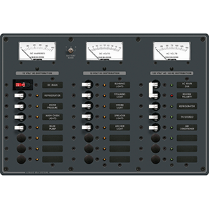 BLUE SEA 8084 AC MAIN +6 POSITIONS/DC MAIN +15 POSITIONS TOGGLE CIRCUIT BREAKER PANEL, WHITE SWITCHES