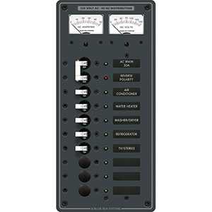 BLUE SEA 8074 AC MAIN +8 POSITIONS TOGGLE CIRCUIT BREAKER PANEL, WHITE SWITCHES