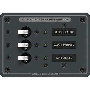 BLUE SEA 8058 AC 3 POSITION TOGGLE CIRCUIT BREAKER PANEL, WHITE SWITCHES