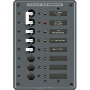 BLUE SEA 8027 AC MAIN +6 POSITION BREAKER PANEL, WHITE SWITCHES