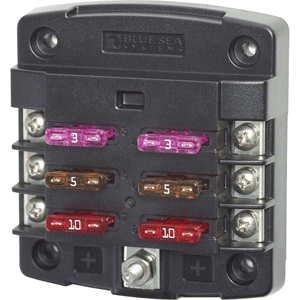 BLUE SEA 5033 ST BLADE FUSE BLOCK W/OUT COVER, 6 CIRCUIT W/OUT NEGATIVE BUS