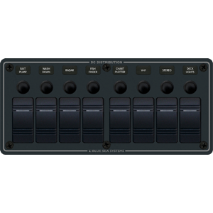 BLUE SEA 8371 WATER RESISTANT PANEL, 8 POSITION, BLACK, HORIZONTAL MOUNT