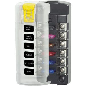 BLUE SEA 5035 ST BLADE FUSE BLOCK W/COVER, 6 CIRCUIT INDEPENDENT W/O NEGATIVE BUS