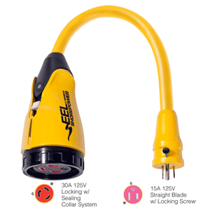 MARINCO P15-30 EEL 30A-125V FEMALE TO 15A-125V MALE PIGTAIL ADAPTER, YELLOW