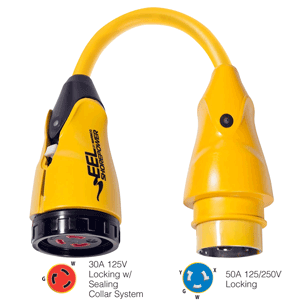 MARINCO P504-30 EEL 30A-125V FEMALE TO 50A-125/250V MALE PIGTAIL ADAPTER, YELLOW
