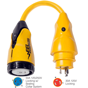 MARINCO P30-504 EEL 50A-125/250V FEMALE TO 30A-125V MALE PIGTAIL ADAPTER, YELLOW