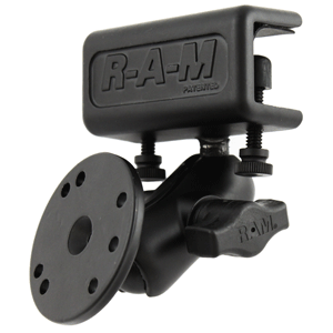 RAM MOUNT GLARE SHIELD CLAMP MOUNT W/SHORT DOUBLE SOCKET ARM & ROUND BASE ADAPTER W/AMPS HOLE PATTERN