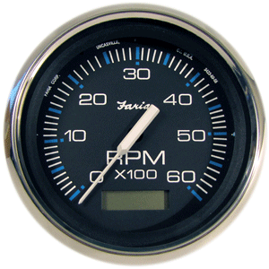 FARIA CHESAPEAKE BLACK 4" TACHOMETER W/HOURMETER, 6000 RPM (GAS) (INBOARD)