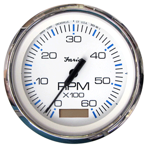 FARIA CHESAPEAKE WHITE SS 4" TACHOMETER W/HOURMETER, 6000 RPM (GAS)(INBOARD)
