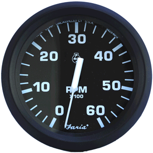 FARIA EURO BLACK 4" TACHOMETER, 6,000 RPM (GAS, INBOARD & I/O)