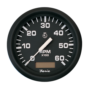 FARIA EURO BLACK 4" TACHOMETER W/HOURMETER, 6,000 RPM (GAS, INBOARD)