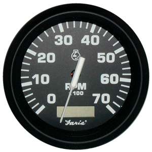 FARIA EURO BLACK 4" TACHOMETER W/HOURMETER, 7,000 RPM (GAS, OUTBOARD)