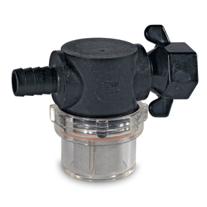 SHURFLO BY PENTAIR SWIVEL NUT STRAINER, 1/2" BARB INLET, CLEAR BOWL