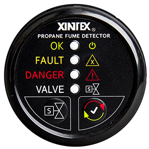 FIREBOY-XINTEX PROPANE FUME DETECTOR W/PLASTIC SENSOR & SOLENOID VALVE, BLACK BEZEL DISPLAY