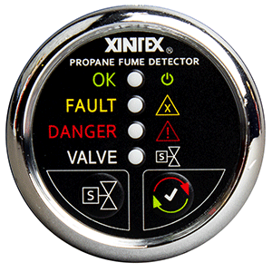 FIREBOY-XINTEX PROPANE FUME DETECTOR W/PLASTIC SENSOR & SOLENOID VALVE, CHROME BEZEL DISPLAY