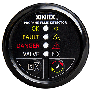 FIREBOY-XINTEX PROPANE FUME DETECTOR W/AUTOMATIC SHUT-OFF & PLASTIC SENSOR, NO SOLENOID VALVE, BLACK BEZEL DISPLAY