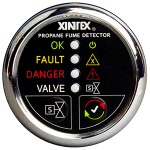 FIREBOY-XINTEX PROPANE FUME DETECTOR W/AUTOMATIC SHUT-OFF & PLASTIC SENSOR, NO SOLENOID VALVE, CHROME BEZEL DISPLAY