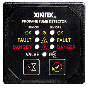 FIREBOY-XINTEX PROPANE FUME DETECTOR & ALARM W/2 PLASTIC SENSORS & SOLENOID VALVE, SQUARE BLACK BEZEL DISPLAY