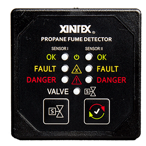 FIREBOY-XINTEX PROPANE FUME DETECTOR W/2 PLASTIC SENSORS, NO SOLENOID VALVE, SQUARE BLACK BEZEL DISPLAY