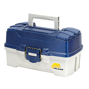 PLANO 2-TRAY TACKLE BOX W/DUEL TOP ACCESS, BLUE METALLIC/OFF WHITE