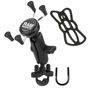 RAM MOUNT HANDLEBAR RAIL MOUNT W/ZINC COATED U-BOLT BASE AND UNIVERSAL X-GRIP CELL/IPHONE CRADLE