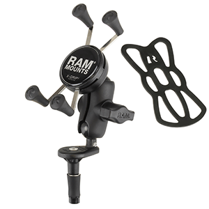 RAM MOUNT FORK STEM MOUNT W/SHORT DOUBLE SOCKET ARM & UNIVERSAL X-GRIP CELL/IPHONE CRADLE