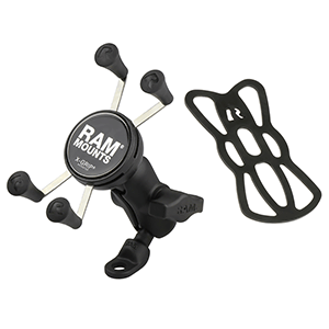 RAM MOUNT 9MM ANGLED BASE MOTORCYCLE MOUNT W/SHORT DOUBLE SOCKET ARM & UNIVERSAL X-GRIP CELL/IPHONE CRADLE