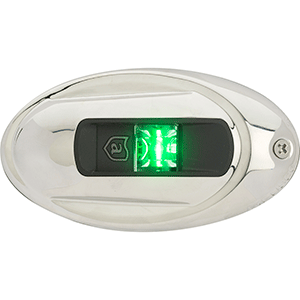 ATTWOOD LIGHTARMOR VERTICAL SURFACE MOUNT NAVIGATION LIGHT, OVAL, STARBOARD (GREEN), SS, 2NM