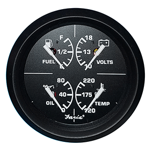 FARIA EURO BLACK 4" MULTIFUNCTION GAUGE, VOLT/FUEL/OIL/WATER TEMPERATURE