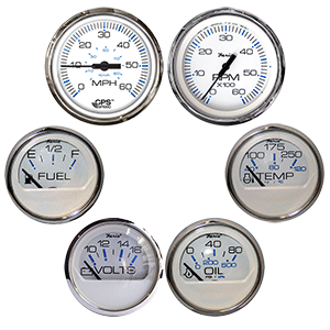 FARIA CHESAPEAKE WHITE W/STAINLESS STEEL BEZEL BOXED SET OF 6, SPEED, TACH, FUEL LEVEL, VOLTMETER, WATER TEMPERATURE & OIL PSI, 