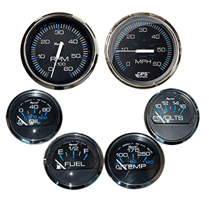 FARIA CHESAPEAKE BLACK W/STAINLESS STEEL BEZEL BOXED SET OF 6, SPEED, TACH, FUEL LEVEL, VOLTMETER, WATER TEMPERATURE & OIL PSI, 