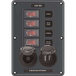 BLUE SEA 4321 CIRCUIT BREAKER SWITCH PANEL 4 POSITION, GRAY W/12V SOCKET & DUAL USB