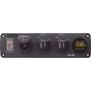 BLUE SEA 4368 WATER RESISTANT USB ACCESSORY PANEL, 12V SOCKET, 2X 2.1A DUAL USB CHARGERS, MINI VOLTMETER