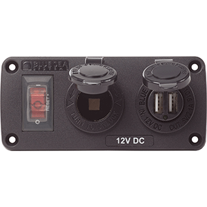 BLUE SEA 4363 WATER RESISTANT USB ACCESSORY PANELS, 15A CIRCUIT BREAKER, 12V SOCKET, 2.1A DUAL USB CHARGER