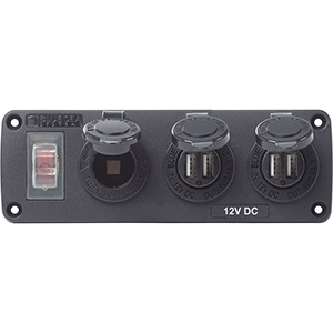BLUE SEA 4365 WATER RESISTANT USB ACCESSORY PANEL, 15A CIRCUIT BREAKER, 12V SOCKET, 2X 2.1A DUAL USB CHARGERS