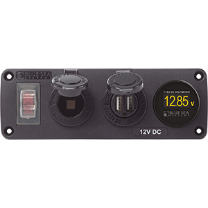 BLUE SEA 4366 WATER RESISTANT USB ACCESSORY PANEL, CIRCUIT BREAKER, 12V SOCKET, DUAL USB CHARGER, MINI VOLTMETER