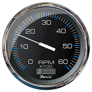 FARIA CHESAPEAKE BLACK 5" TACHOMETER W/DIGITAL HOURMETER, 6000 RPM (GAS) (INBOARD)