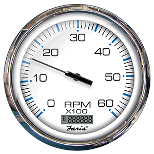 FARIA CHESAPEAKE WHITE SS 5" TACHOMETER W/DIGITAL HOURMETER, 6000 RPM (GAS) (INBOARD)