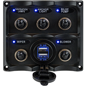 SEA DOG WATER RESISTANT TOGGLE SWITCH PANEL W/USB POWER SOCKET, 5 TOGGLE