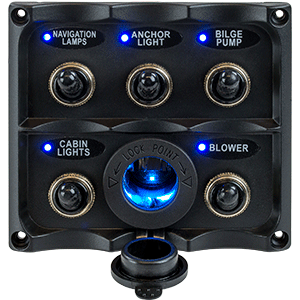 SEA DOG WATER RESISTANT TOGGLE SWITCH PANEL W/LED POWER SOCKET, 5 TOGGLE
