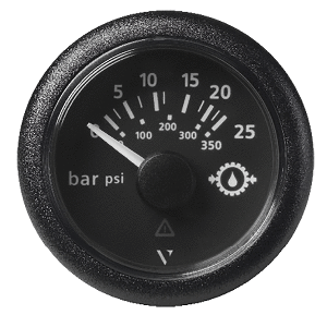 VERATRON 52MM (2-1/16") VIEWLINE TRANSMISSION OIL PRESSURE 25 BAR/350 PSI, BLACK DIAL & ROUND BEZEL