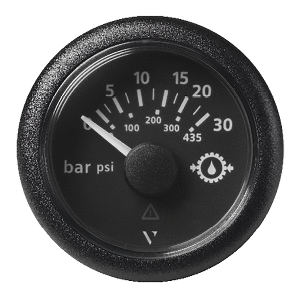 VERATRON 52MM (2-1/16") VIEWLINE TRANSMISSION OIL PRESSURE 30 BAR/435 PSI, BLACK DIAL & ROUND BEZEL