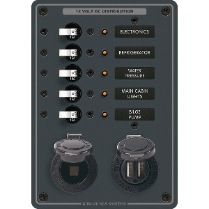 BLUE SEA 8120, 5 POSITION 12V PANEL W/DUAL USB & 12V SOCKET